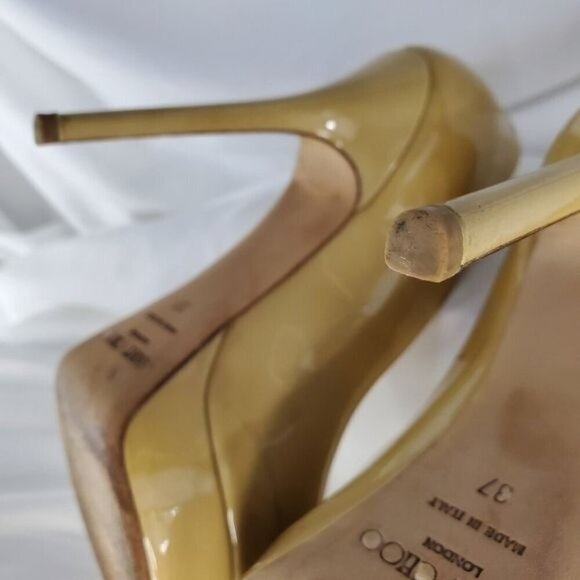 Jimmy Choo Patent Leather Luna “Nude” Tan Crown Open Toe Platform Pump Heel, 37 - Picture 8 of 14